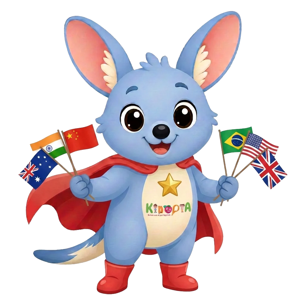 Kiko the Kidopia mascot in a superhero cape, holding flags from Australia, India, China, Brazil, the USA and the UK to welcome children