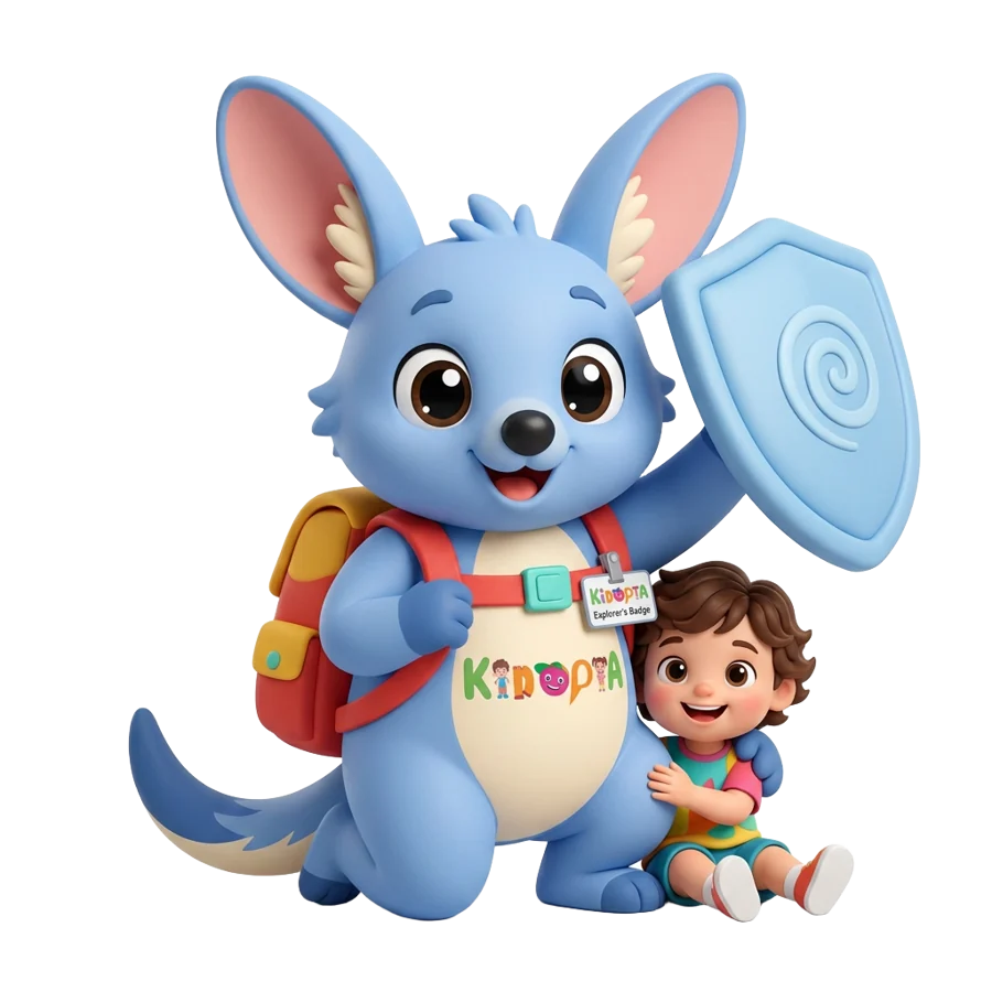Kiko the bilby shielding a child with a soft blue shield